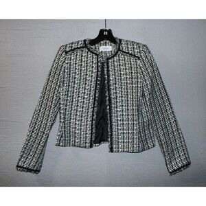 Calvin Klein Petite Tweed Open-Front Jacket 4P Fringed Trim Tweed Fabric Casual